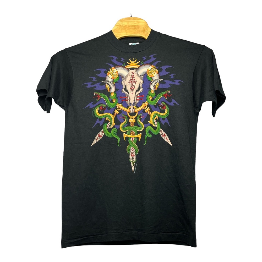 Vintage Deadstock 1994 Liquid Blue Snake Cattle Skull Sword Dragon t shirt sz L